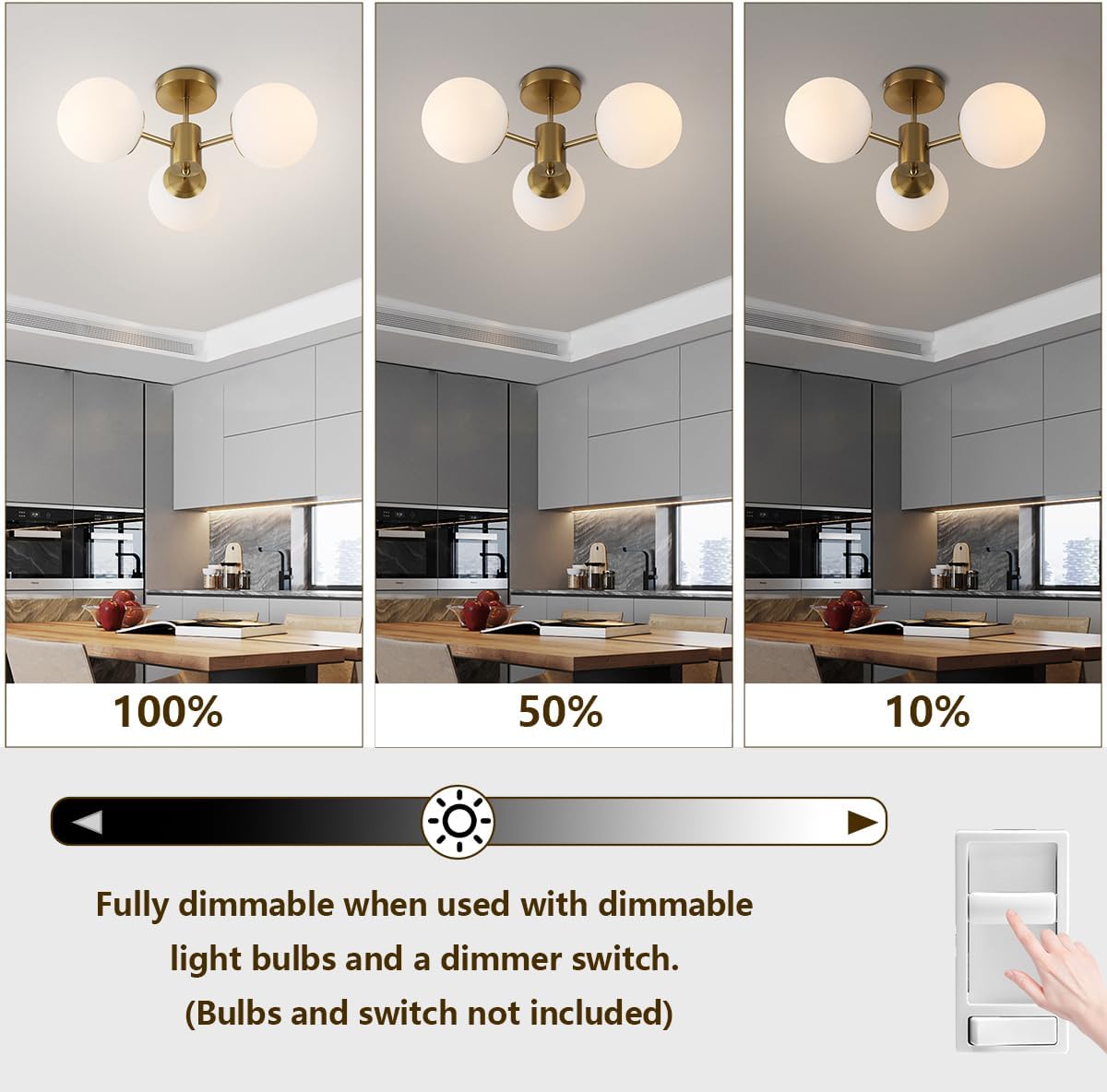 3 Lights Semi Flush Mount Ceiling Light Mid Century Modern Brass Ceiling Light Milk Glass Sputnik Small Chandelier for Bedroom Dinning Room Foyer Hallway