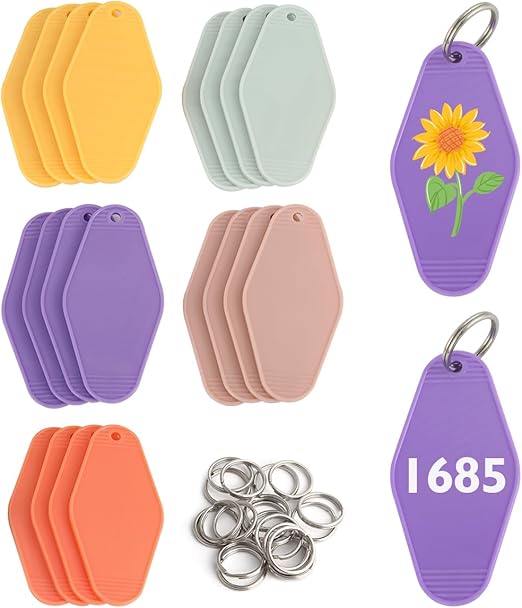 20 PCS Hotel Keychain Blanks, 5 Color Rainbow Plastic Rhombus Motel Keychains for DIY, with Keyrings