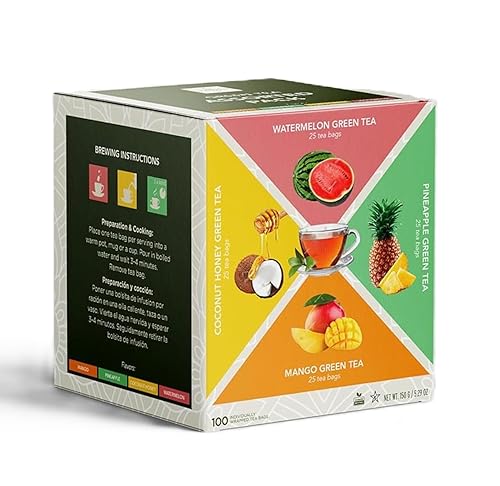 Paquete de 100 muestras de té verde de frutas exóticas de alta calidad, paquete de 100 bolsas envueltas individualmente, 25 por sabor, sin cafeína,