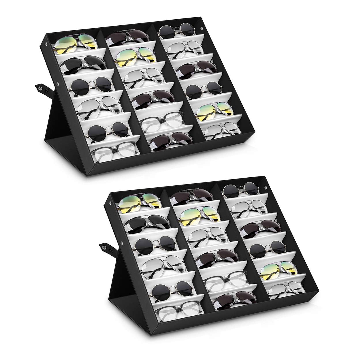 18 Slot Polyester Silk Lining Sunglasses Display Case Sunglass Eyewear Display Storage Case Tray Jewelry Watches Organizer Box with Stand Function (2 Pack)-image-34