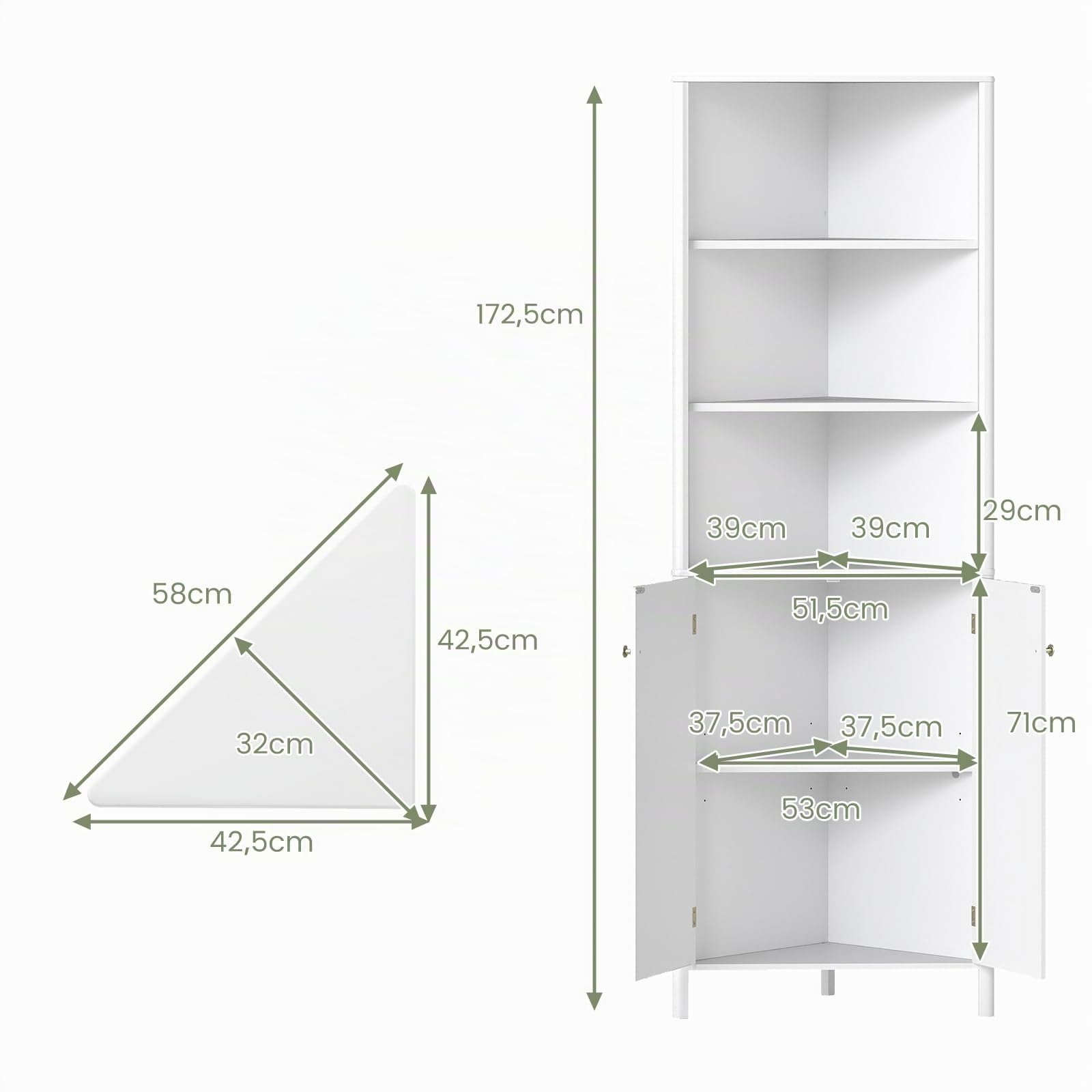 GOPLUS Armario Alto Esquinero, Armario de Esquina con 3 Estantes Abiertos y 2 Puertas Acanaladas, Mueble de Almacenamiento con Estante Ajustable para Baño, Sala de Estar, Dormitorio, Cocina (Blanco)