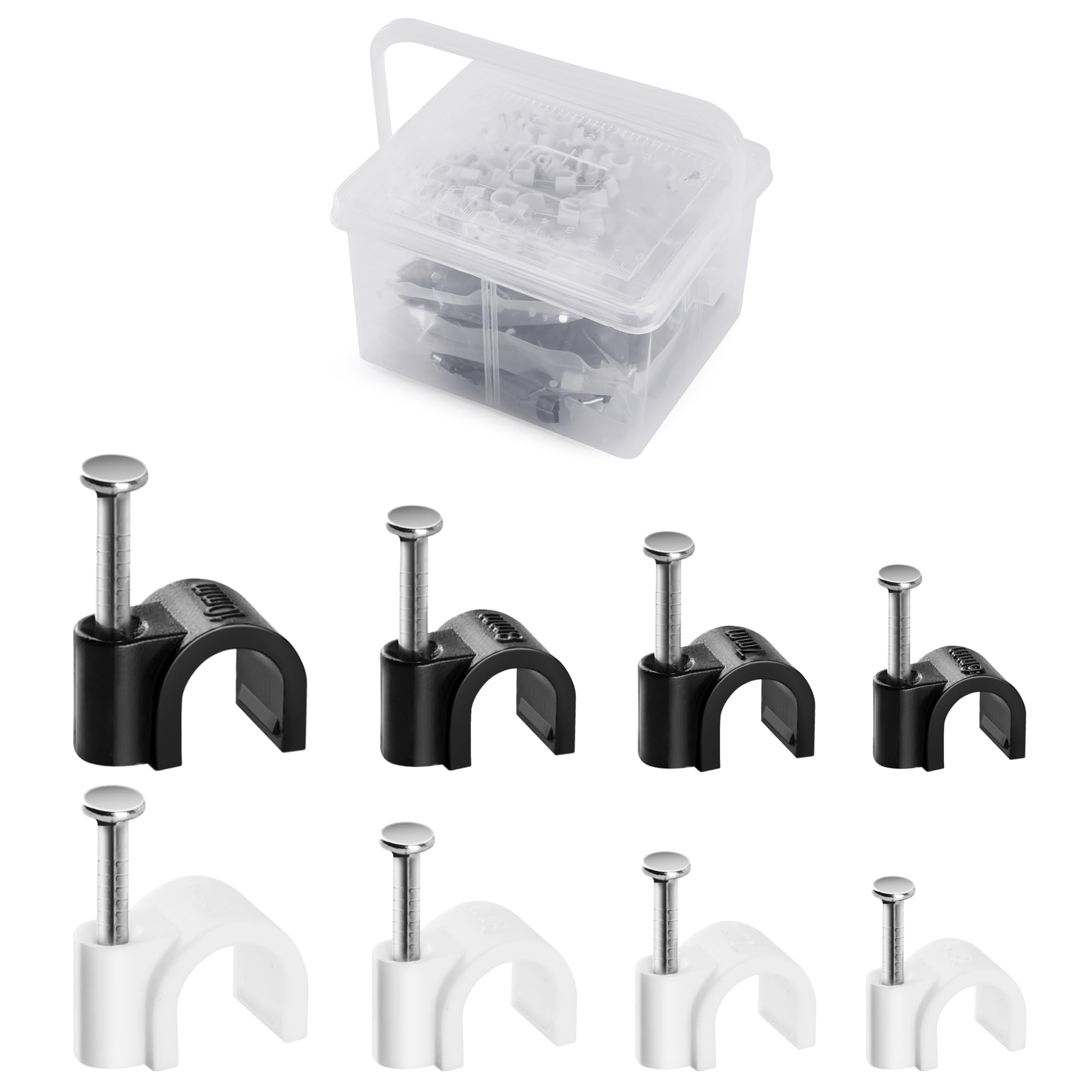 Zestaw 400 klipsów kablowych ze stalowymi gwoździami, średnica zewnętrzna: 6 mm/7 mm/8 mm/10 mm okrągłe gwoździe U (czarno-białe, każde 50 szt., łącznie 400 sztuk), klipsy do zarządzania przewodami