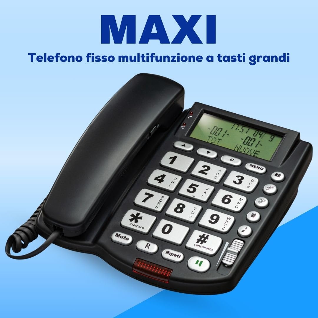 Telefono Fisso Casa e Ufficio con Vivavoce, Ampio Display LCD Multifunzione e Tasti Grandi, Facile da Usare – Rubrica fino a 125 Contatti, Chiamata Diretta, Sveglia e Volume Regolabile – SAIET MAXI