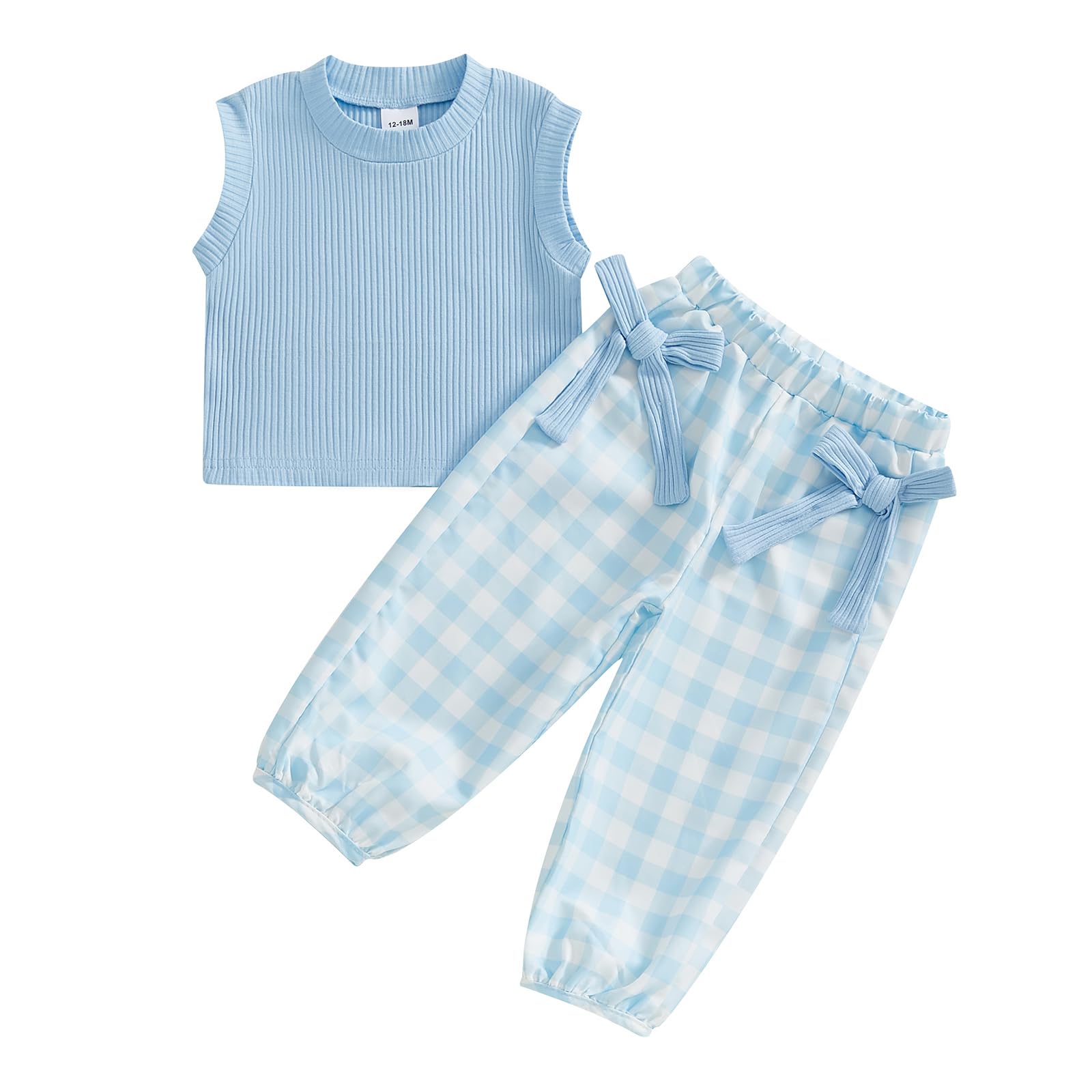 Kaipiclos Toddler Baby Girl Clothes Ribbed Knit Sleeveless Tank Top & Bow Plaid Pants 2 Piece Spring Summer Outfit Set 12M-5T (Blue, 18-24 Months)