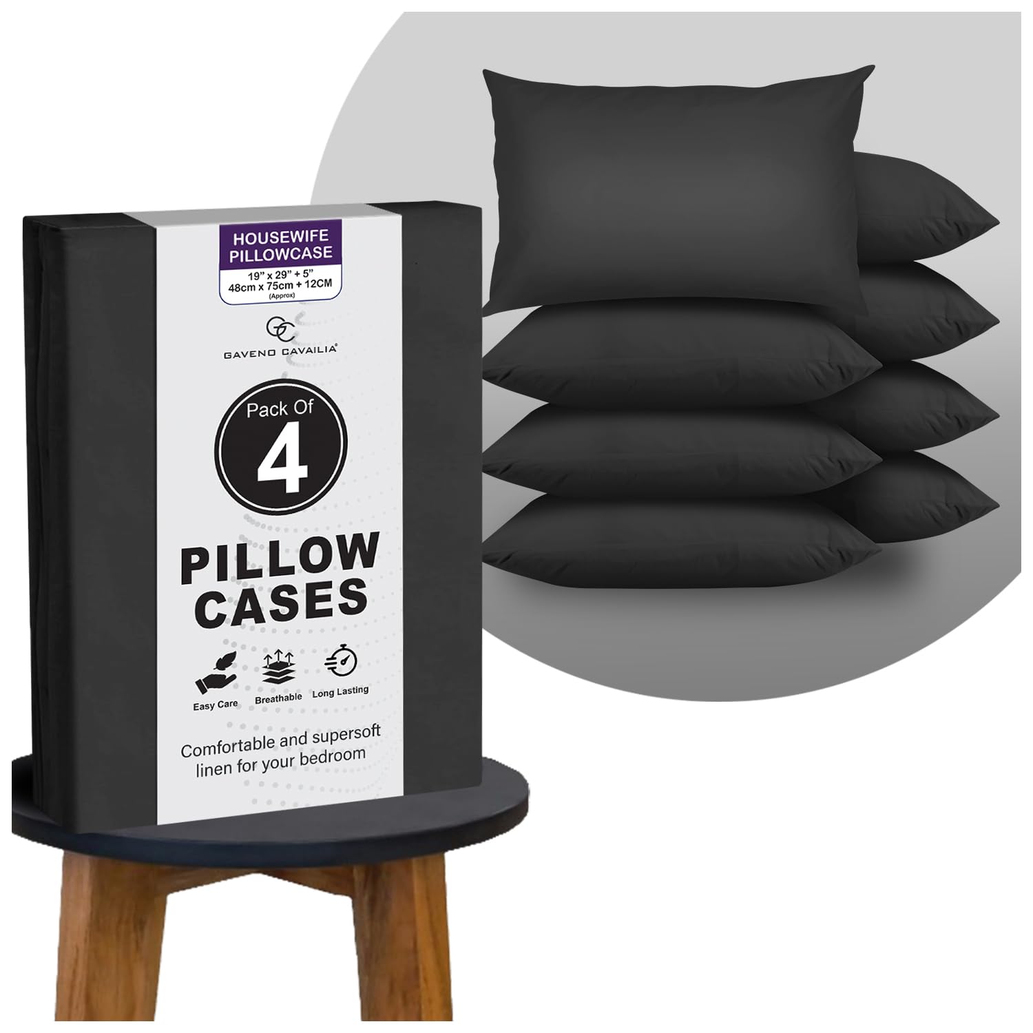 GC GAVENO CAVAILIA Plain Black Pillow Cases 4 Pack | Breathable, Wrinkle, Soft Touch Polycotton Bedding Pillowcases | Hotel Quality Hypoallergenic Pillow Covers Envelope Closure 74x48 Cm, — image 1