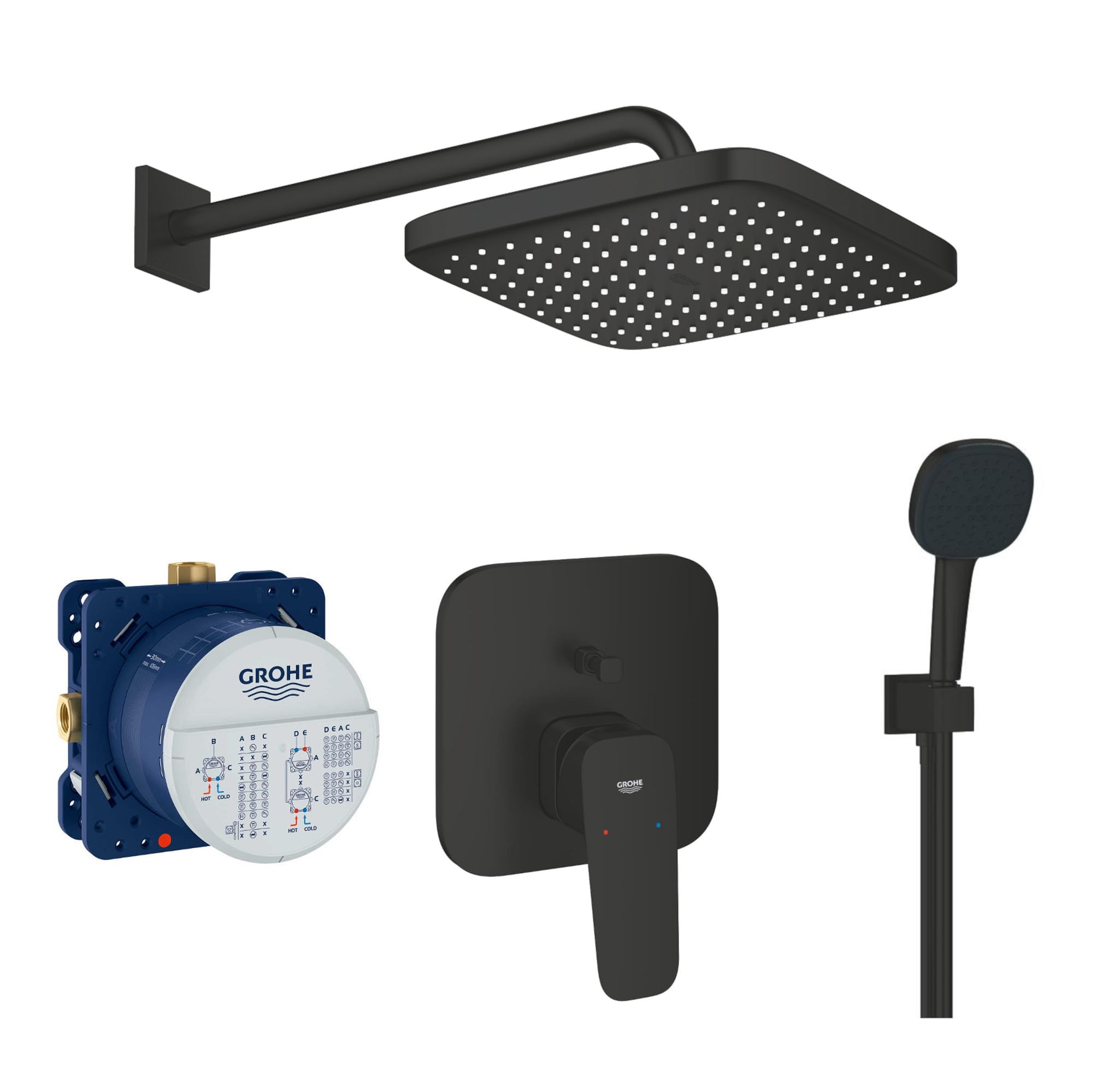 Grohe Duschsystem mit Unterputz Duscharmatur von Grohe Cubeo Regendusche mit Armatur, Duschkopf eckig, Wandarm Dusch-SET GSK11 schwarz matt