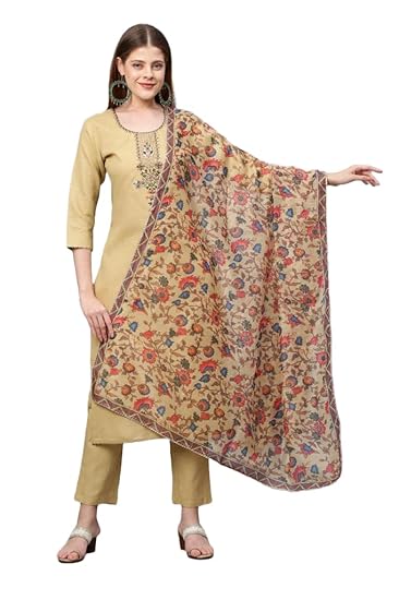 GoSriKi Women's Cotton Blend Straight Printed Kurta with Pant & Dupatta (Authentic-GO)