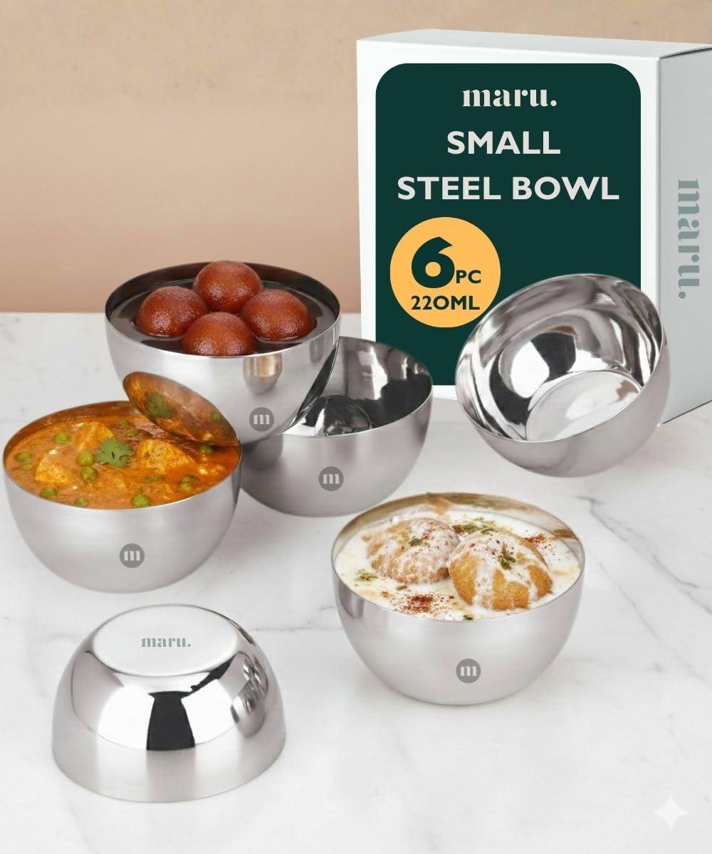 MARU Stainless Steel Bowls Set of 6, Small 220ml Round Katori Vati for Kitchen, Suitable for Snacks, Ice Cream, Curry, Salad, Dessert