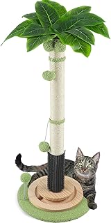 Couner Cat Scratching Posts with Sisal for Indoor Cats,39.4'' Tall Palm Tree Cat Scratcher with Self Groomer,4*Hanging Balls,1*Spring Ball,Wood Base with Interactive Ball,Cat Activity Center for Cats