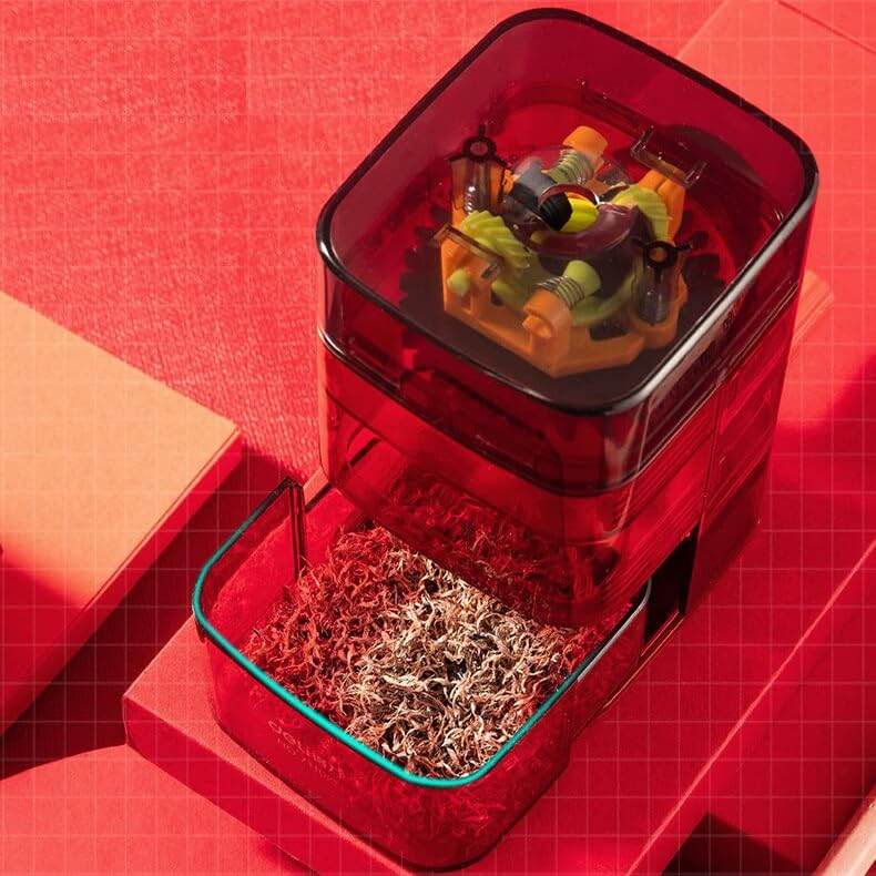Image of oddpod Manual Desktop Pencil Sharpener for Table top with Visible Rotary Hand Crank & Auto Feed Transparent Mechanism for Sharp Pointed Pencils - Neon Red (No Table Attachment Model)