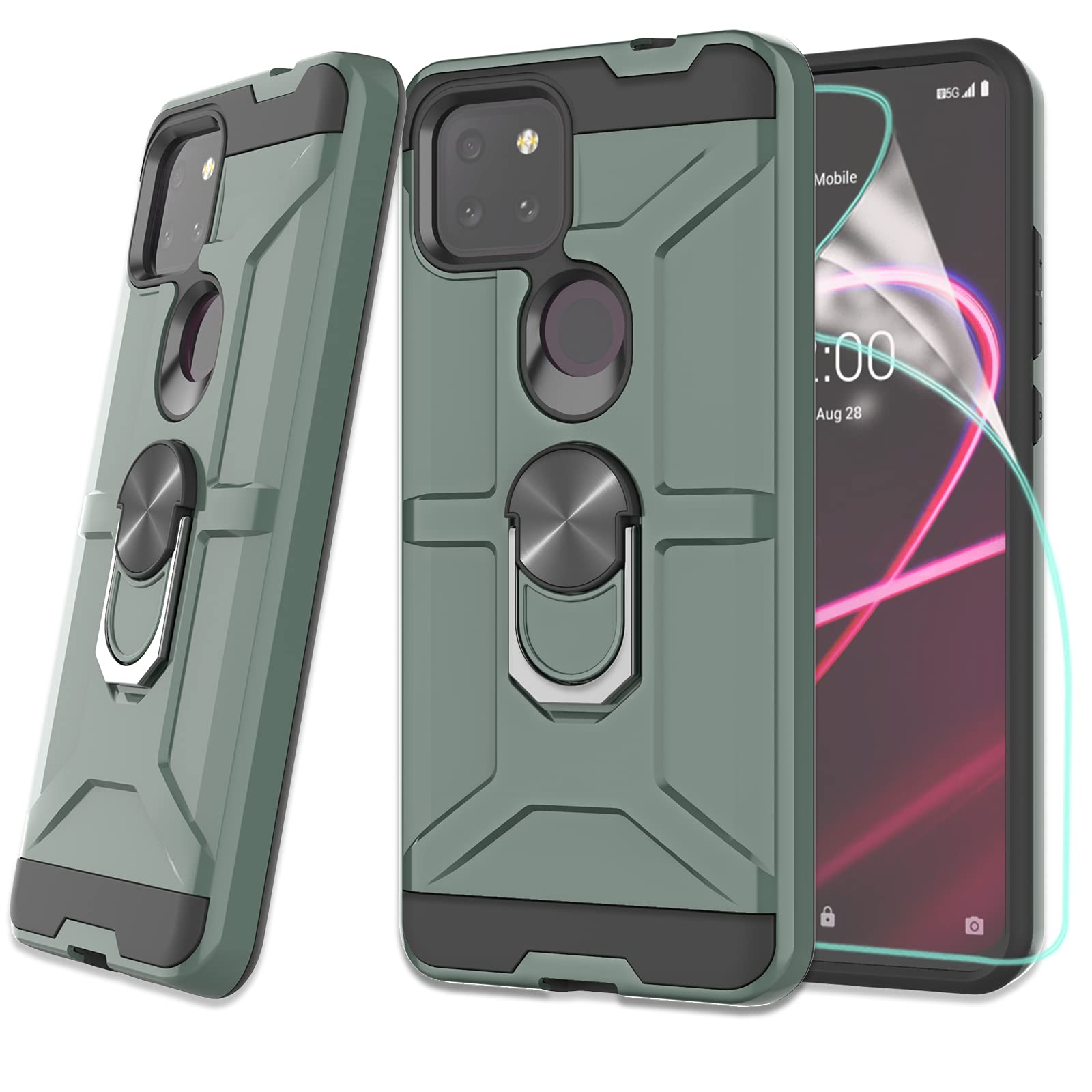 ZingCon Compatible for TCL T-Mobile Revvl 5G Case,[HD Screen Protector] Heavy Duty Shockproof Protective Cover with Rotating Ring Kickstand Fitting Magnetic Car Mount-Midnight Green
