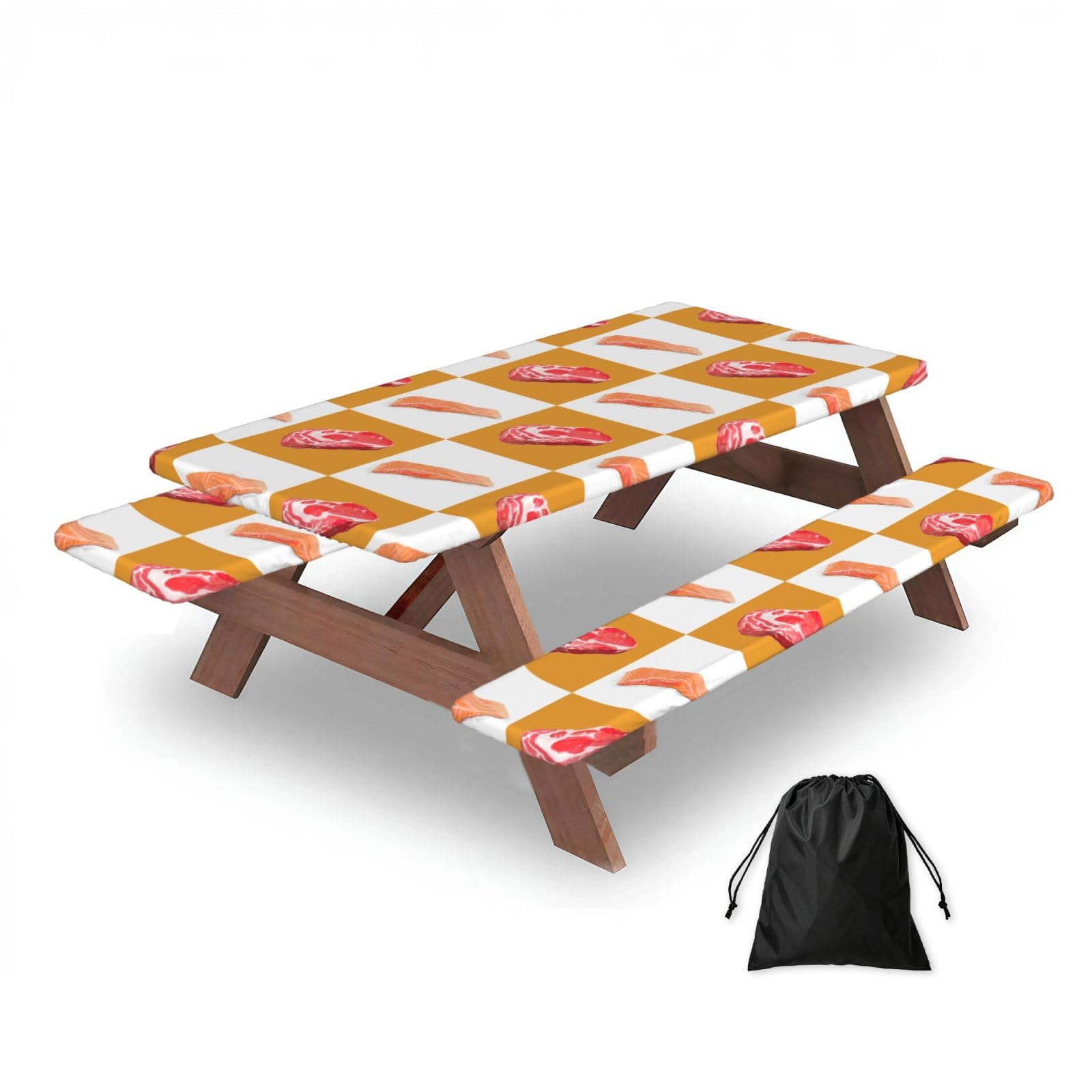 Dopklna As Picture Delicious Salmon And Steak, Picnic Table Cover With Bench Covers -Waterproof Elastic Fitted Tablecloth For Garden Camping Patio 76X152cm