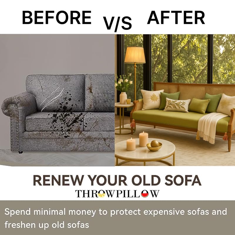 Image of Olive Green L Shape Corner Sofa Throw for l Shaped Sofa, L Shape Sofa Cover 7 Seater: L-Shaped Tassels Sofa Cover 7 Seater Set-3 Seater+3 Seater+Corner, Includes 3 Sofa Seat Covers|