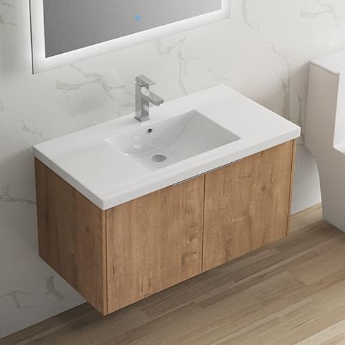 Miniatura 8 de Mueble de baño flotante con fregadero de gel, armario de tocador moderno de 24 pulgadas montado en la pared, armario de almacenamiento de baño