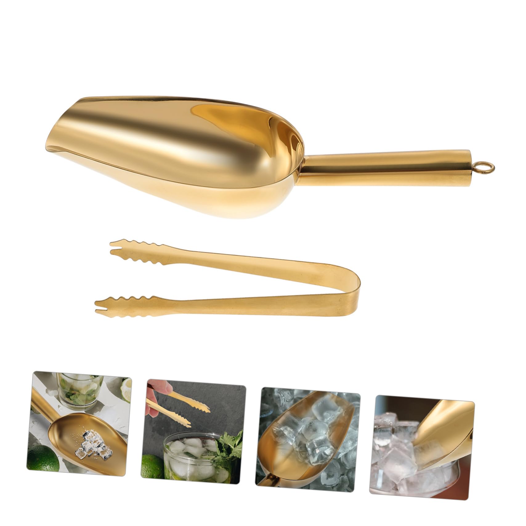 Unomor 1Set Stainless Steel Ice Shovel and Clip Multi Function Ice Cube Tongs for Kitchen and Bar Use Smooth Surface Easy to Clean for Ice Cubes Popcorn and Food Serving