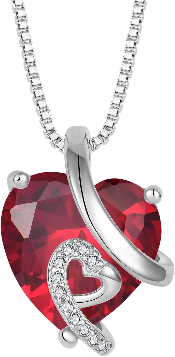 Women Heart Necklace 925 Sterling Silver Birthstone Pendant with Chain 5A Cubic Zirconia Jewelry for Her