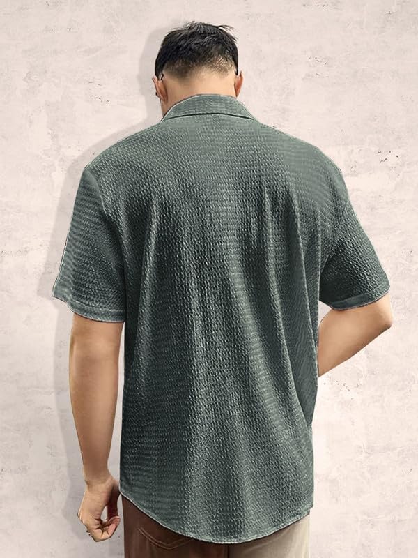 Image of Pinkmint Popcorn Shirt for Men Soild Slim Fit Sleeve Spread Collar Trendy Men Shirt Summer Wear Goa Wear Olive