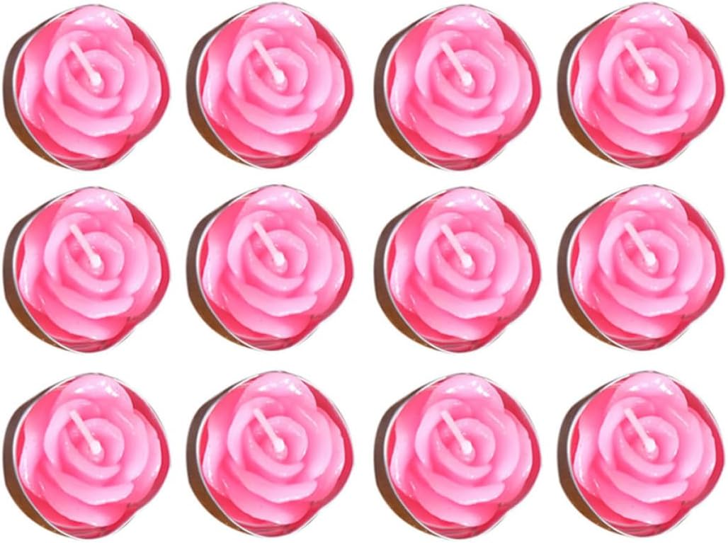 12 Pcs Pink Rose Flower Floating Candle, Smokeless Paraffin