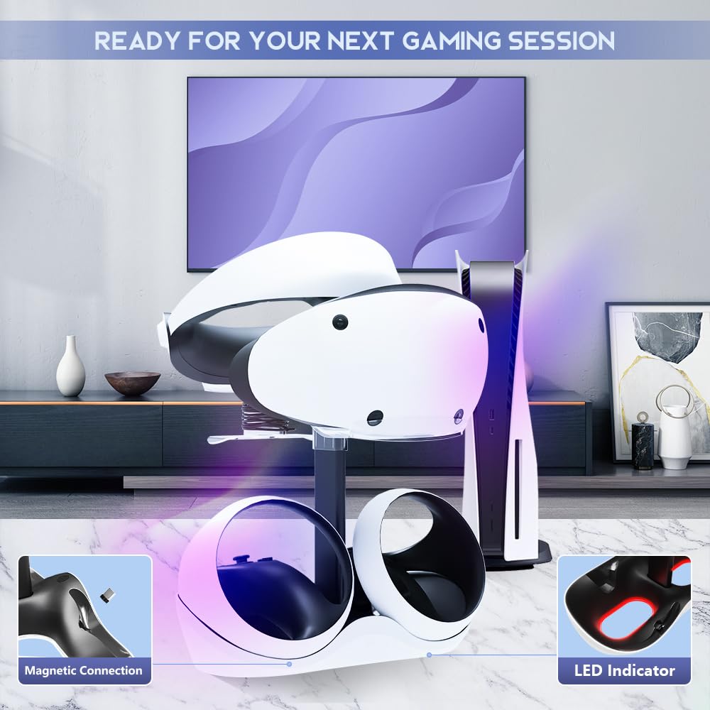 HONCAM Station de charge pour PSVR 2, support multifonction PSVR2 avec 7 lumières RVB, support d'affichage pour casque, station de charge pour deux contrôleurs, connecteur magnétique, câble de type C