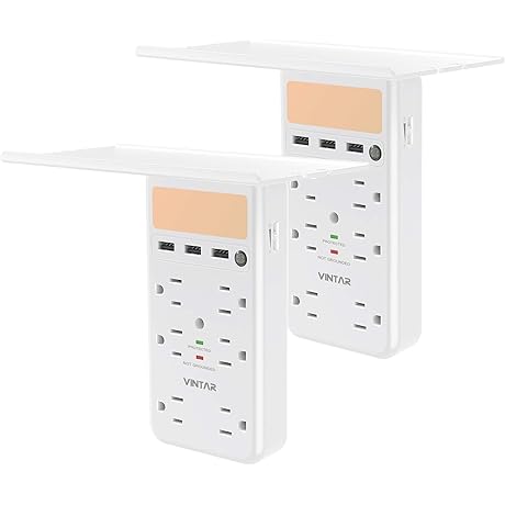 [2-Pack] VINTAR Wall Mount Surge Protector with Outlet Shelf, 6 Outlets and 3 USB