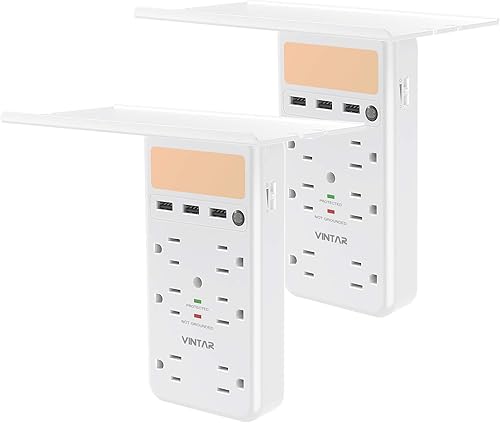 Paquete de 2 VINTAR Protector de sobretensiones con estante de salida, extensor de múltiples salidas con sensor de atardecer a amanecer, 6 salidas y