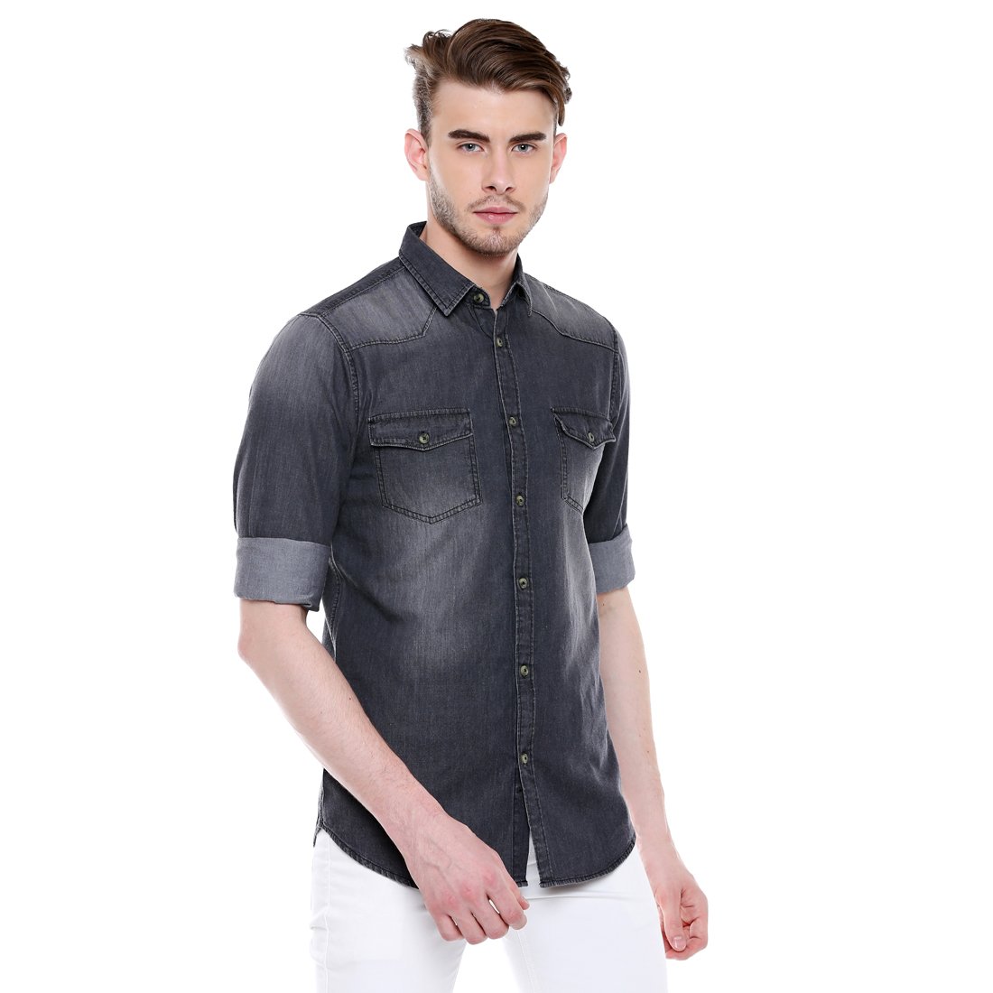 Dennis Lingo Men's Denim Grey Slim Fit Casual Shirt (C501_Grey_XL)