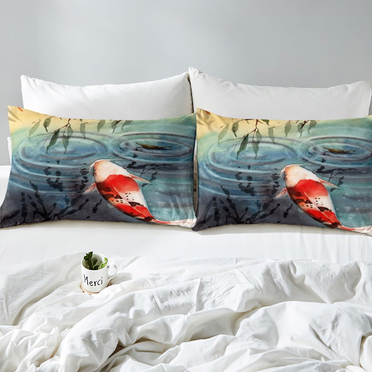 Homemissing Kids Koi Bedding Set Fish Duvet Cover for Boys Girls Teens Bedroom Decor Ocean Theme Comforter Cover Set White Red Carp Ripples Bedspread Cover With 2 Pillow Case Double - Image 4