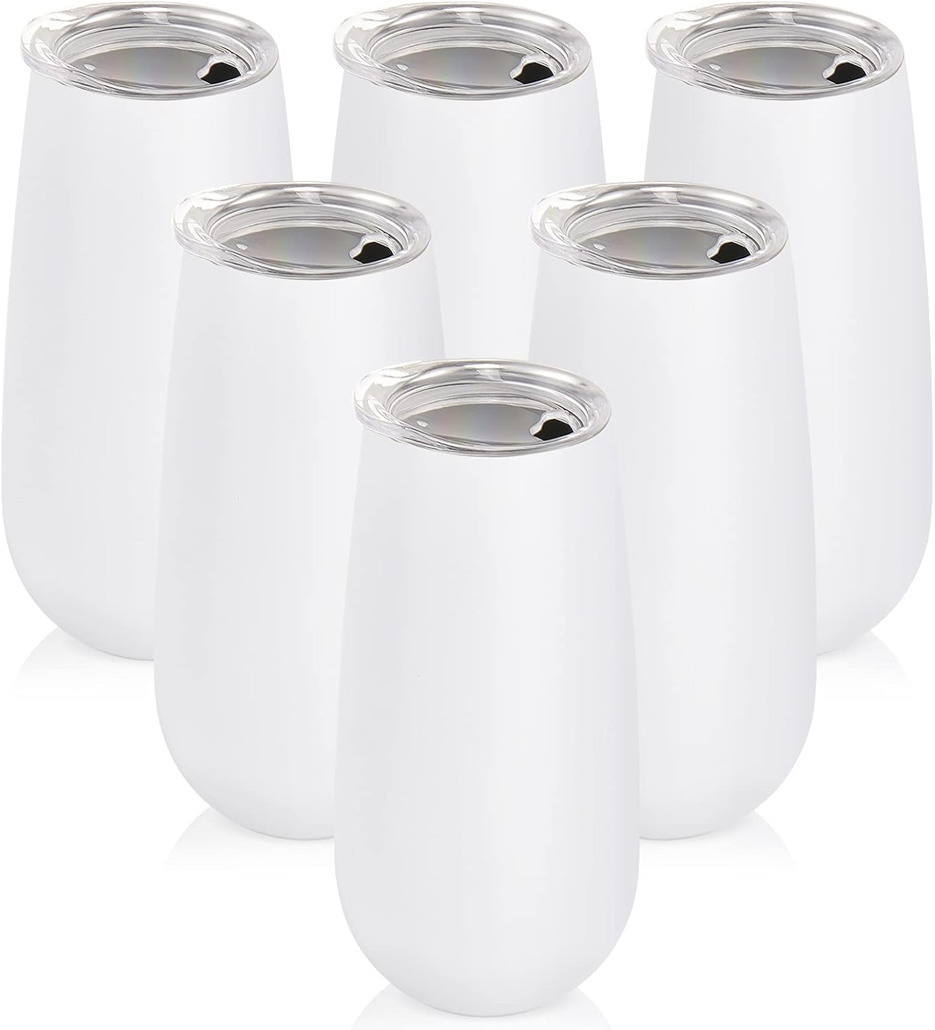 6 Pack Insulated Champagne Tumblers, Stemless 6 Oz Wine Flutes, Unbreakable Cocktail Cups With Lid, Gift for Family Friends Christmas Birthday Wedding (White)