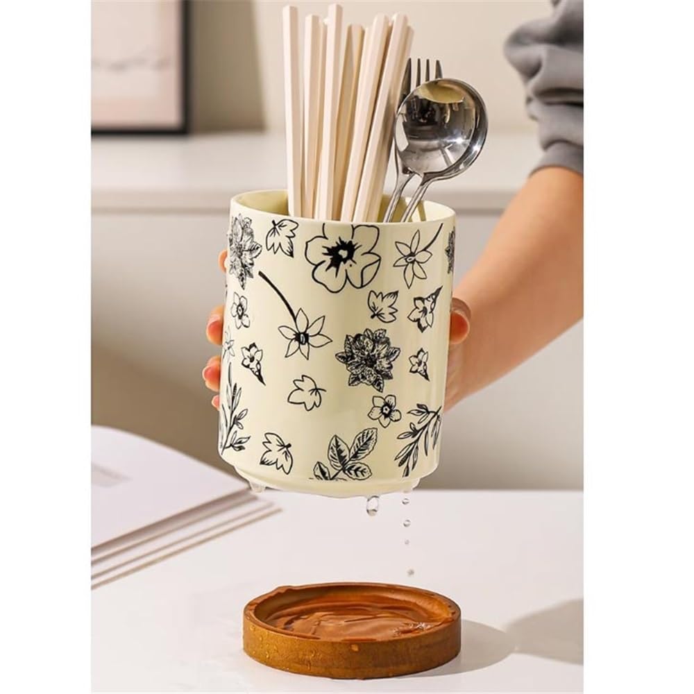 Czarny ceramiczny uchwyt na przybory kuchenne na blat kuchenny - stylowe sztućce z tacą odpływową idealne rozwiązanie do przechowywania przyborów dla domowych kucharzy i kucharzy