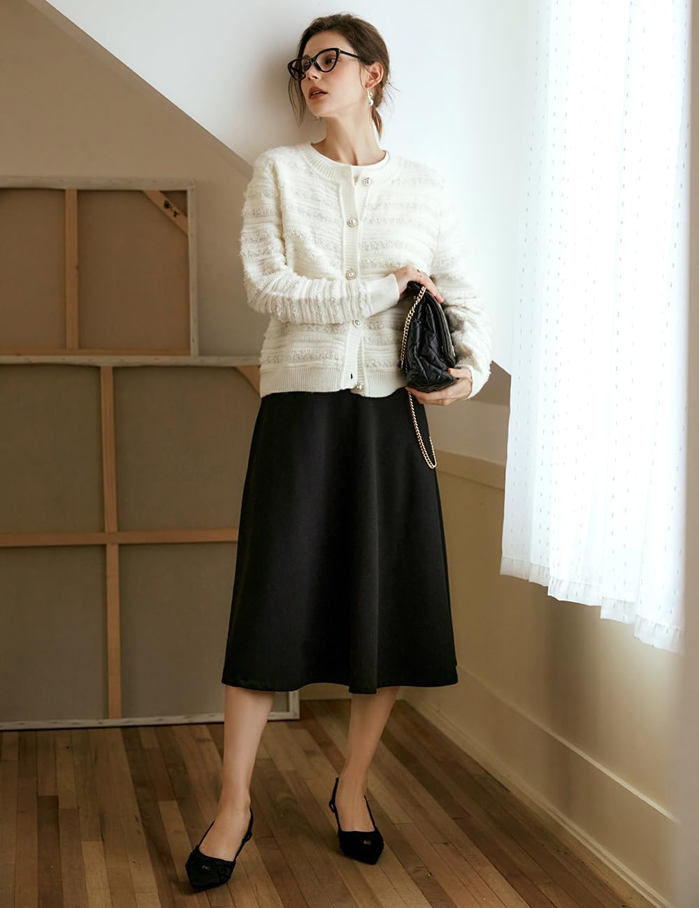 Women's White Sweater, Ribbing Crew Neck Fuzzy Cardigan with Pearl Button, Ladies Long-Sleeve Sweater Coats - Image 5