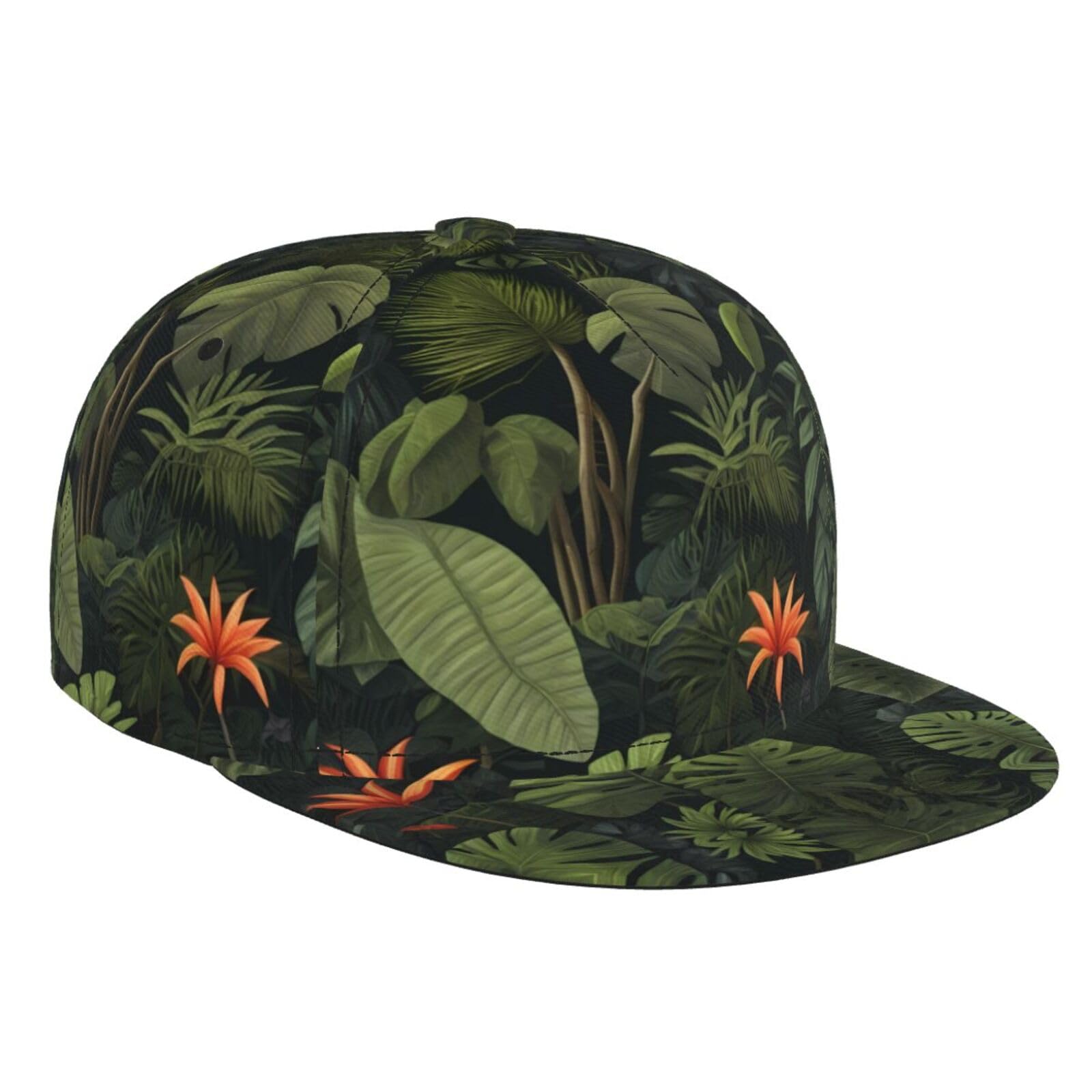 Stylish Flat-Brimmed Baseball Cap Flowers Among Green Leaves Printed Baseball Cap Suitable for Fitness and Outdoor Activities