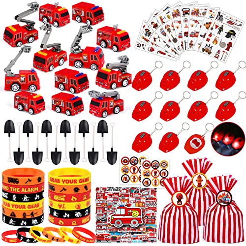 Mishopy 140Stck Feuerwehrmann Party Mitgebsel Kindergeburtstag Feuerwehrauto Schaufel LED Helm Schlüsselanhänger Silikonarmband Tattoos Aufkleber Geschenk Tasche Mitgebsel Kindergeburtstag für Jungen Cover