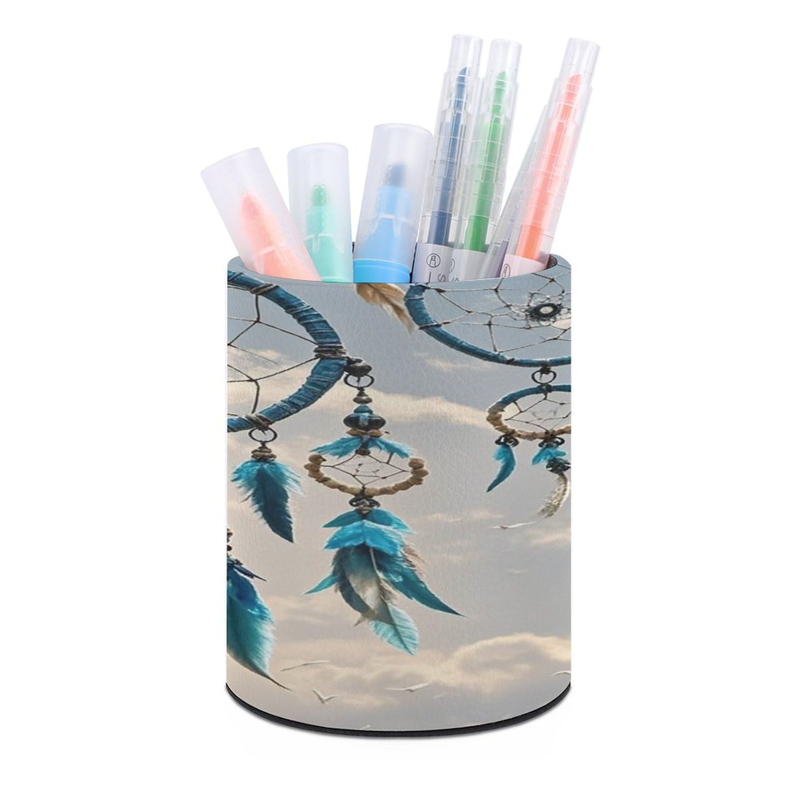 FekiLoot Round Native Dream Catcher Pen Holder for Desk PU Leather Waterproof Pencil Cup Stand Minimalist Makeup Brush Storage Organizer Desktop Stationery Container Accessorires