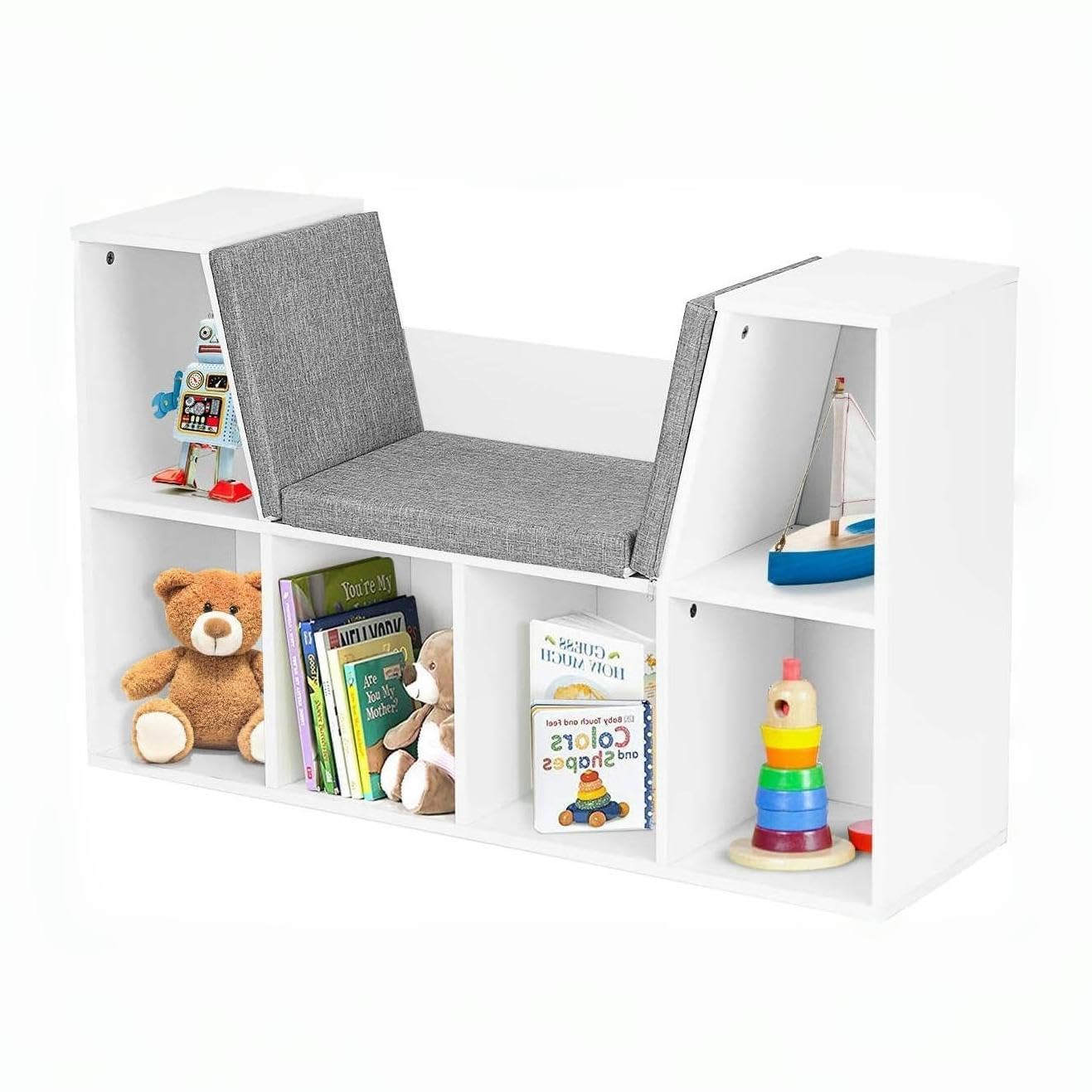 MAT EXPERT Reading Nook for Kids, White Wooden Kids Book Shelf Furniture w/Cushion Seat, 6 Cube Toddler Toy Storage Organizer, Children Reading Corner for Playroom Living Room Bedroom Nursery