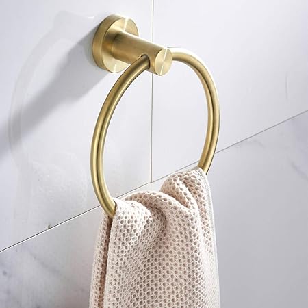 BigBig Home Oro Cepillado Tenedor del Anillo de la Toalla del Cuarto de Baño Montaje en Pared, Acero Inoxidable 304 Accesorio de Baño Toallero 16 cm