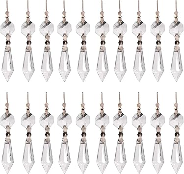 20pcs Clear Crystal Chandelier Icicle Prisms Lamp Candelabra Replacement Parts with Octagon Beads,DIY Crystal Curtain Pendants 38mm