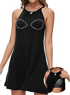 Built in Bra Summer Dress Casual Beach Sundress Flowy Halter Dress - Buy now