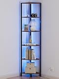 Furnulem 6 Tier Corner Shelf with LED Light, 67.5” Tall Standing Shelf Organizer, Narrow Bookshelf with Storage Rack for Wall Corner, Living Room, Bedroom, Metal Frame, Wood Display Shelf
