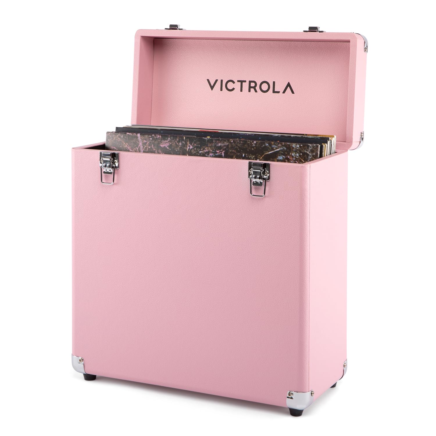 Victrola Collector II - Vinyl Record Storage Case, Holds 30+ LPs - Pink | Vinyl record storage case, holds 30+ 12" LPs or 15+ gatefolds, two latching clasps, carry handle, soft-lined interior