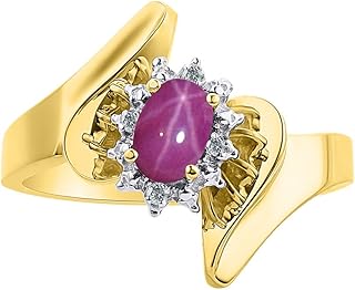Diamond & Star - Anillo de oro amarillo de 14 quilates, diseño de halo de diamante, piedra de nacimiento de color