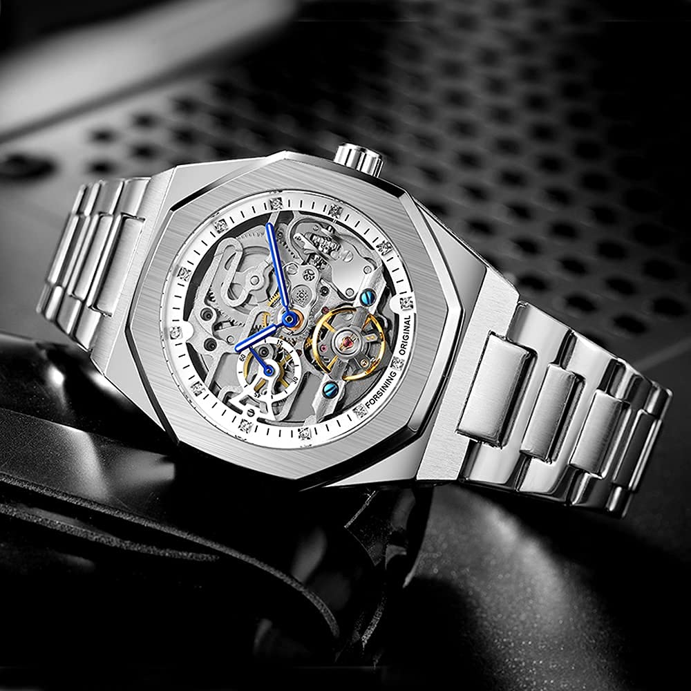 Tiong Montre pour Homme Montres Automatiques Montre-Bracelet Lumineuse MéCanique RéSistance Aux Chocs Steampunk Militaire Argent Noir