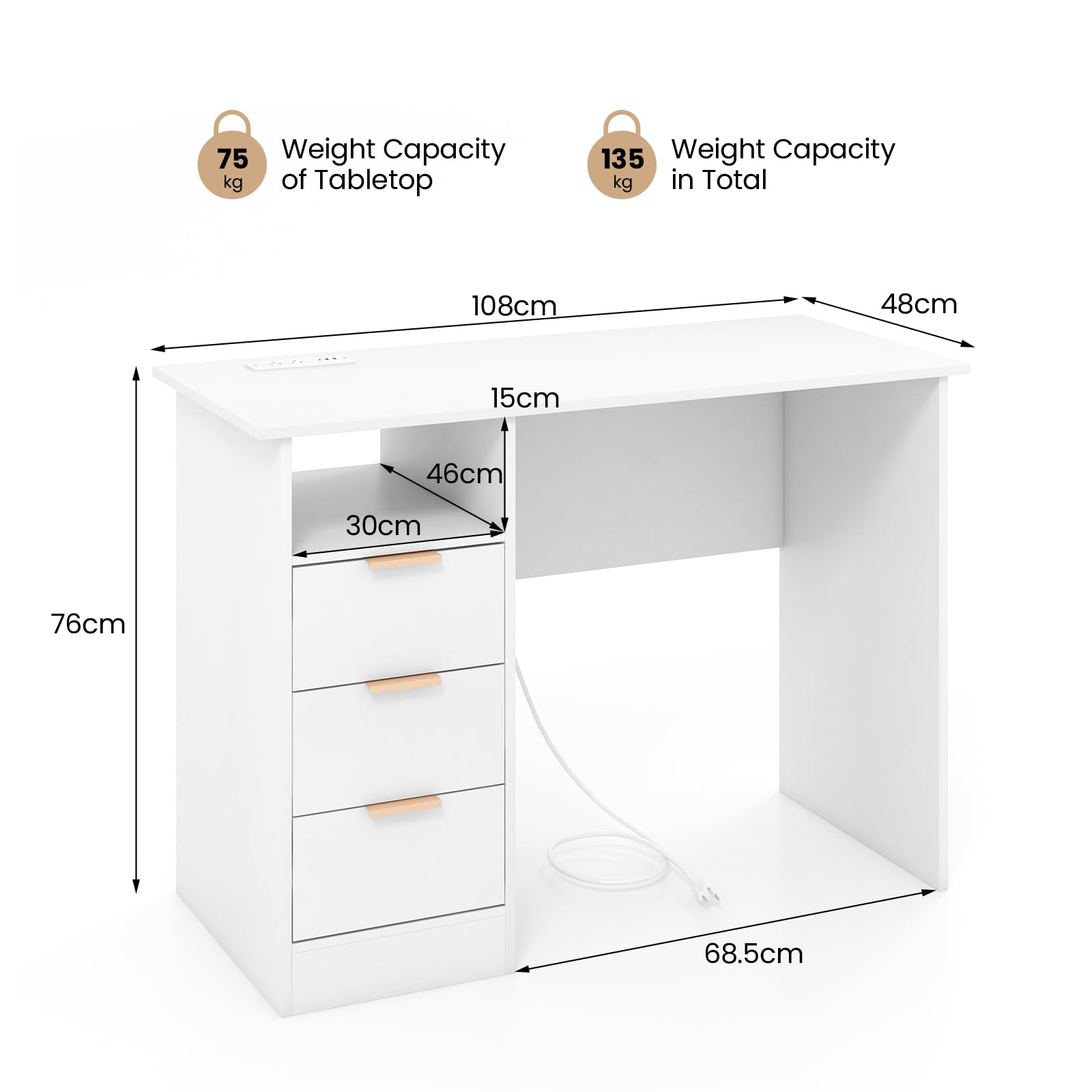 LIFEZEAL Scrivania Ufficio Porta Computer, Scirvania Bianca con 3 Cassetti, Scrivaniacon Multipresa, Moderna, Salvaspazio, Postazione di Lavoro, Desk, Scrittoio, Max 135kg, 108x48x76cm, in Legno
