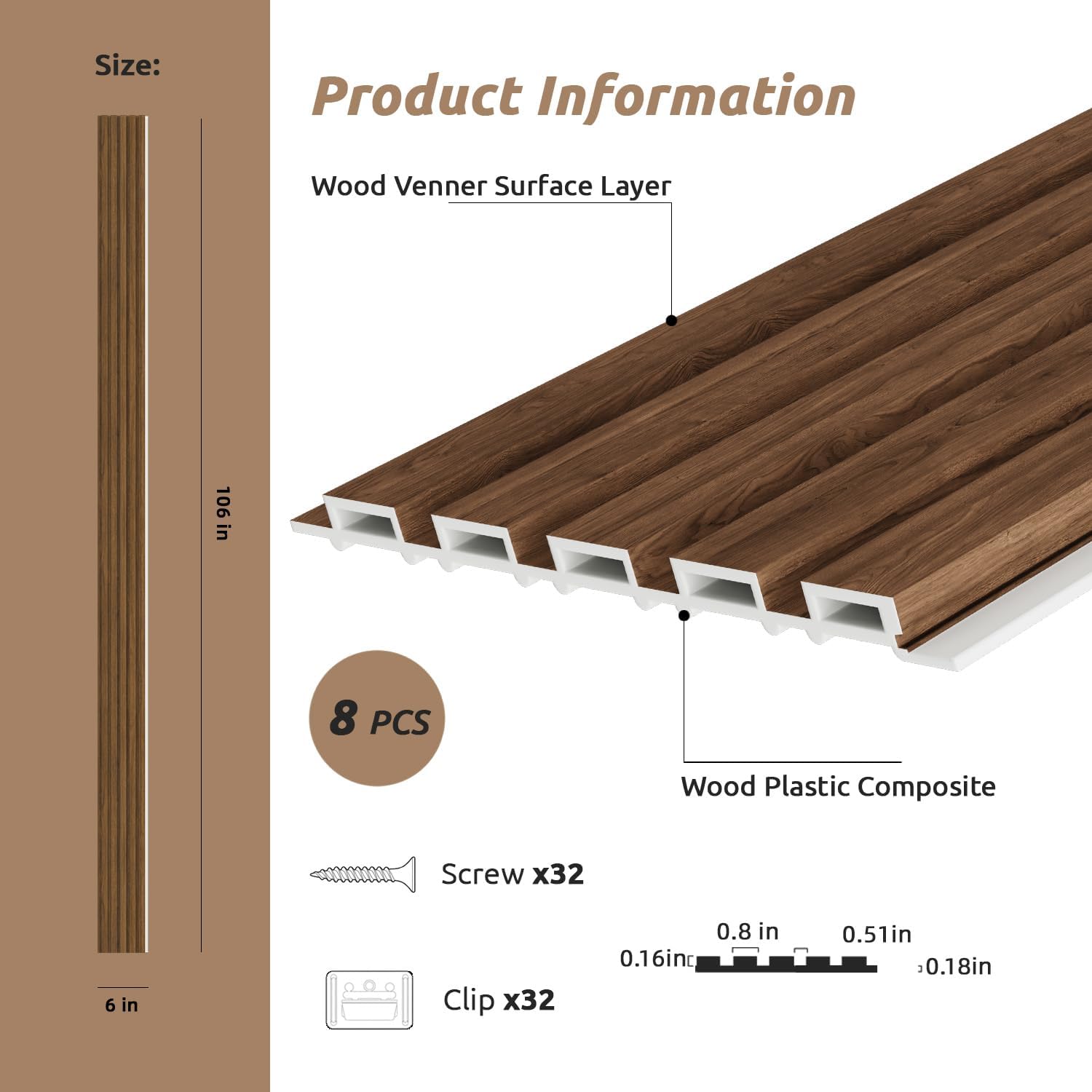 WPC Wall Panels, 8-Pack 106 × 6 Inch 3D Wall Panels for Interior Wall Décor, Modern Accent Wall Panels for TV Background, Office Spaces, Living Room (Walnut)