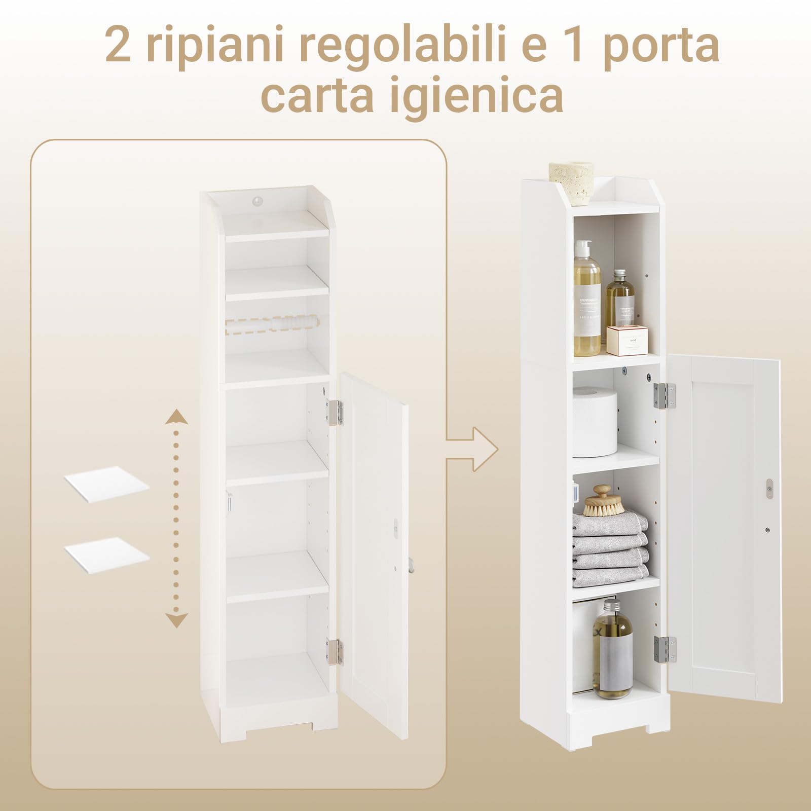 SoBuy Mobiletto Bagno Stretto Salvaspazio con Anta e Porta Carta Igienica | Armadietto Colonna con Ripiano Regolabile per WC, Lavanderia e Ingresso, Bianco, FRG177-II-W