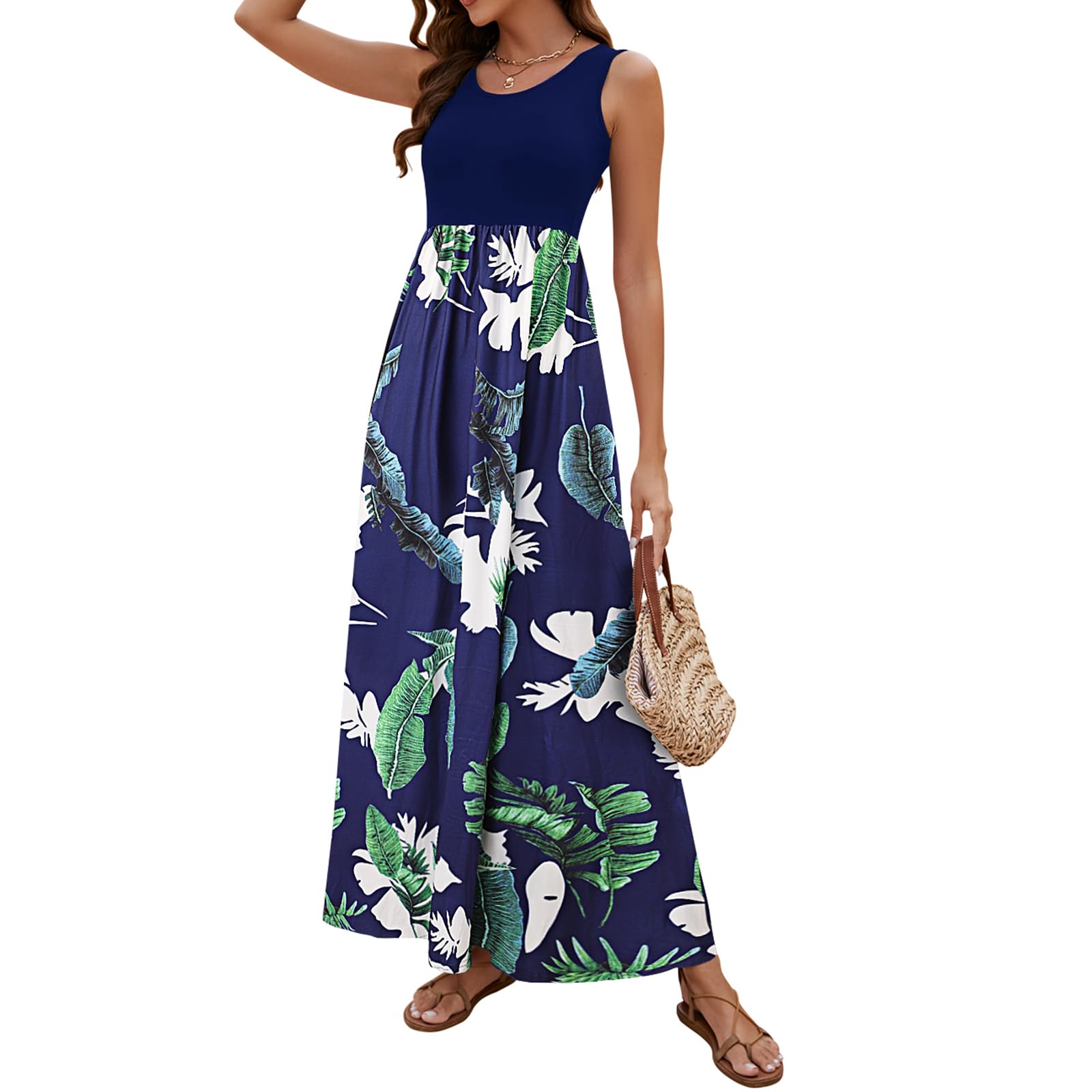 Sherosa Women Boho Chevron Striped Floral Printed Summer Sleeveless Tank Long Maxi Party Dress