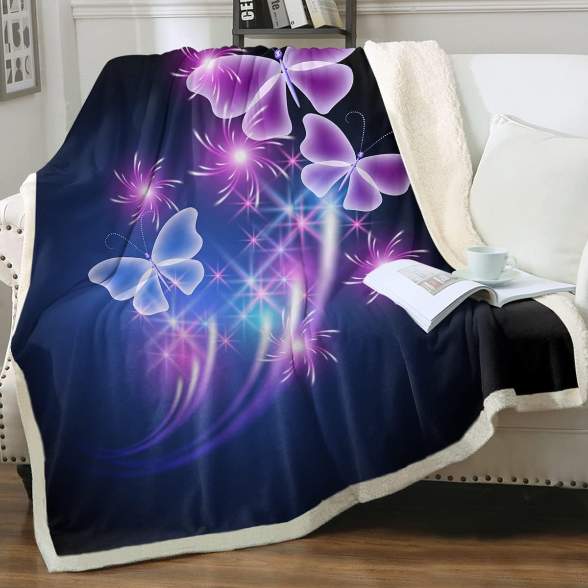 Sleepwish Purple Butterfly Throw Blanket Soft Blue Fleece