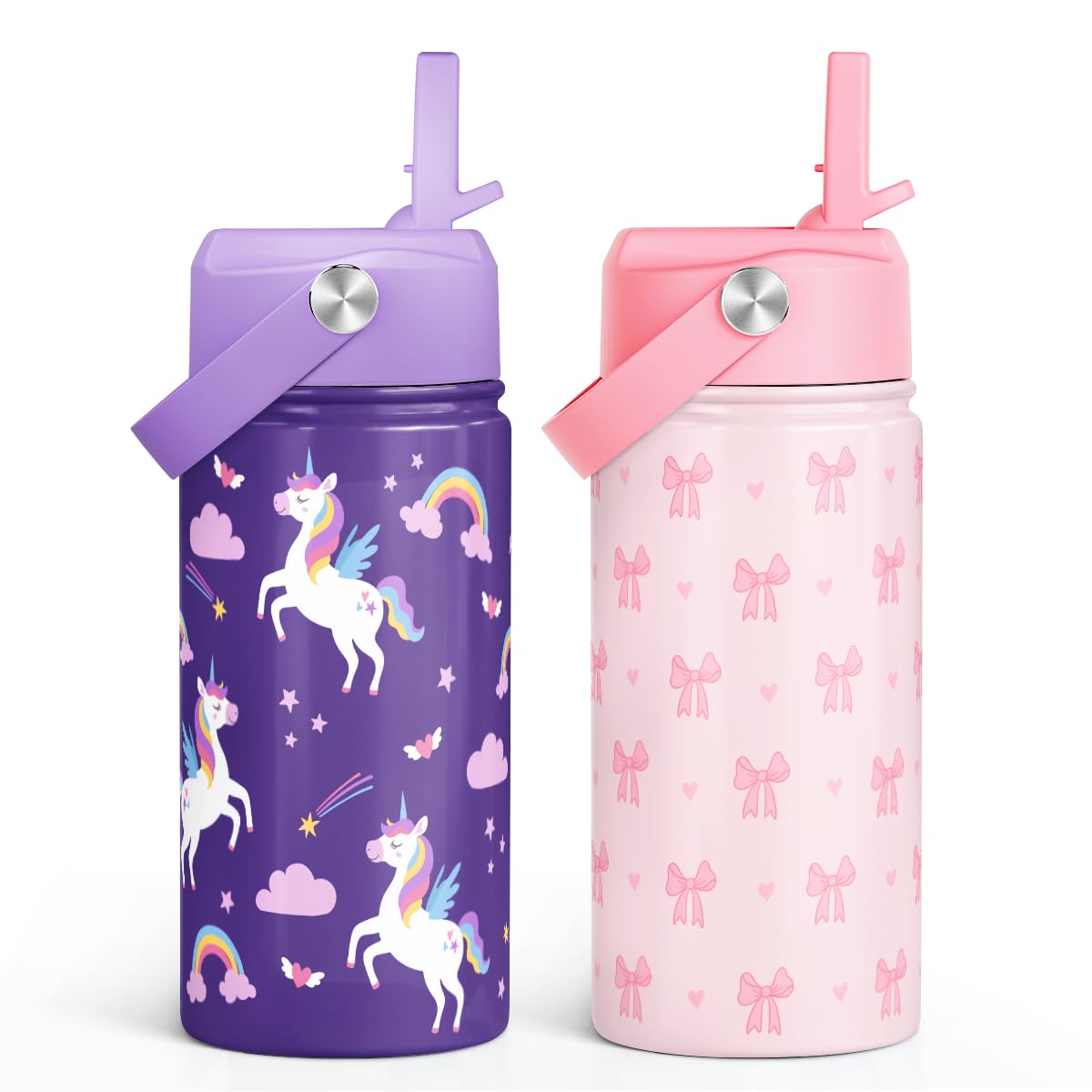 SANDJEST Kid Water Bottle 12oz with Straw Lid - 2-Pack Insulated Stainless Steel Water Bottles for Kids Girls - Travel Cup for Back to School Sports Christmas Birthday (Bow &amp; Unicorn)