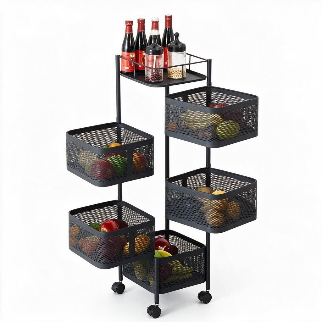 Drehbarer Aufbewahrungswagen mit 5 Etagen，Carbonstahl Küchenregal mit Rollen 26 x 26 x 95.5 cm, Platzsparender Rollwagen für Obst, Gemüse, Snacks，Küchenorganizer für Büro, Wohnzimmer und Küche