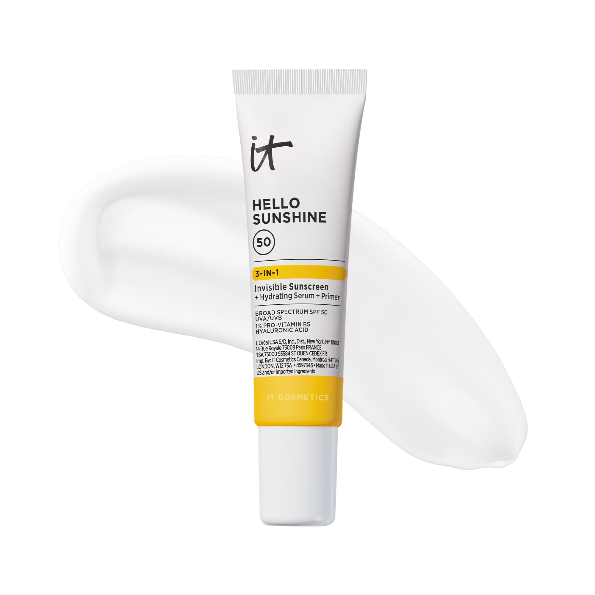 IT Cosmetics Hello Sunshine Invisible Sunscreen for Face SPF 50 - Sunscreen, Hydrating Serum & Makeup Primer - 1% Pro-Vitamin B5 & Hyaluronic Acid - HSA/FSA Eligible - No White Cast