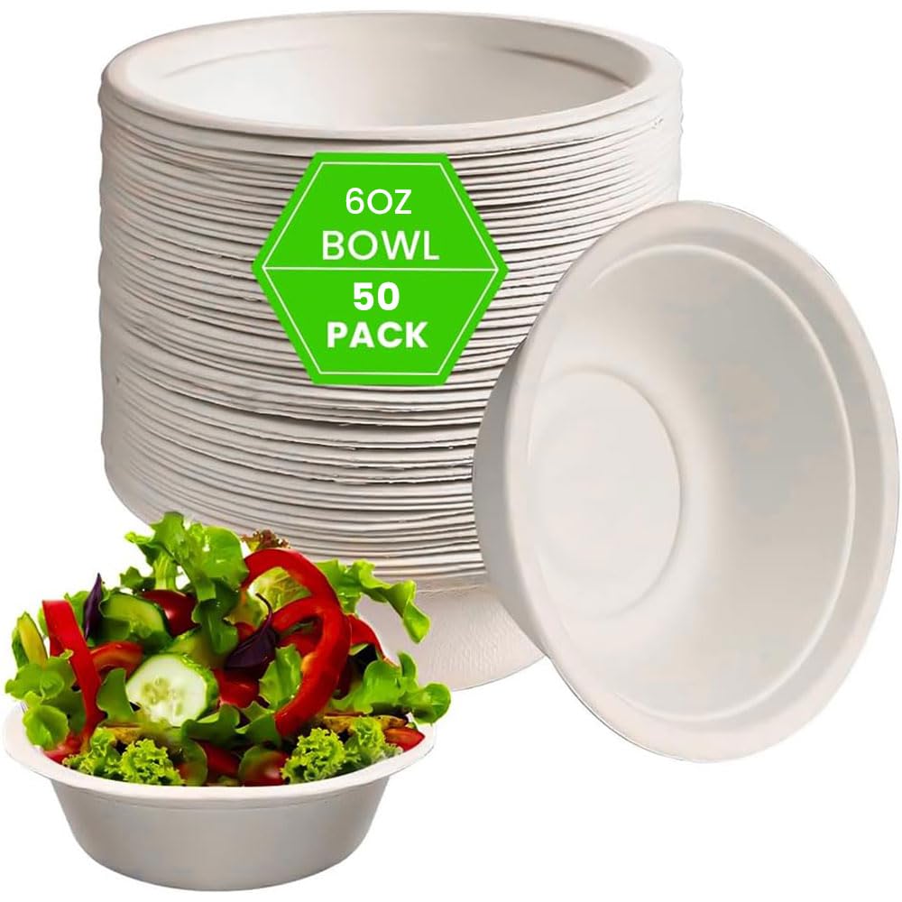 Venuscello 50 x White Round 6oz (180ml) Bagasse Bowls Biodegradable Sugarcane Soup Bowls, Compostable Dessert Bowls for Parties Events and Everyday Use